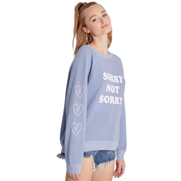 Wildfox "Sorry Not Sorry" Sommers Fleece Graphic Sweatshirt, Infinity Blue - Picture 2 of 3